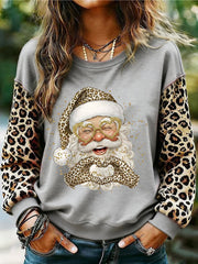Women's Leopard Santa Claus Print Christmas Casual Sweatshirt
