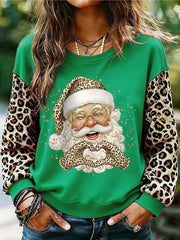 Women's Leopard Santa Claus Print Christmas Casual Sweatshirt
