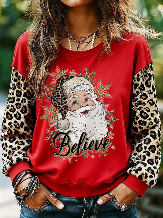Women's Believe Santa Claus Leopard Print Christmas Casual Sweatshirt
