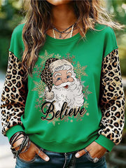 Women's Believe Santa Claus Leopard Print Christmas Casual Sweatshirt