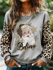 Women's Believe Santa Claus Leopard Print Christmas Casual Sweatshirt