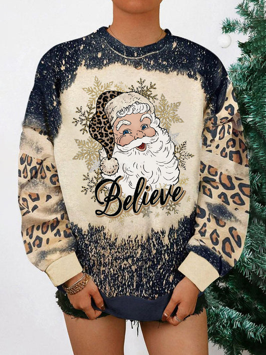 Women's Believe Santa Christmas Leopard Print Casual Sweatshirt
