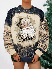 Women's Believe Santa Christmas Leopard Print Casual Sweatshirt
