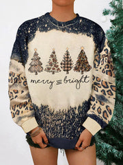 Women's Merry And Bright Leopard Christmas Tree Print Casual Sweatshirt