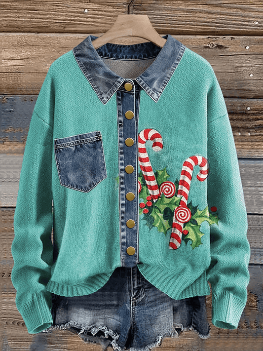 Women's Vintage Christmas Denim Lapel Button Sweater