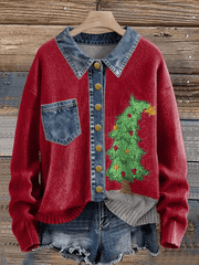 Women's Vintage Christmas Tree Denim Lapel Button Sweater
