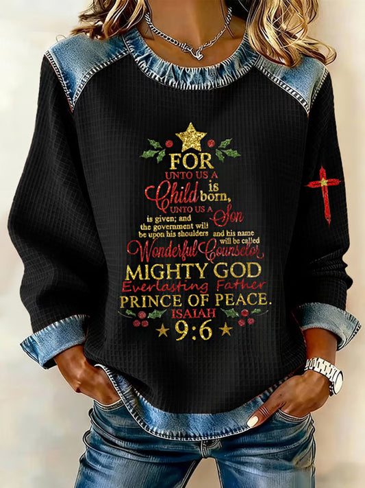 Women's Christian Christmas Faith Cross Print Denim Patchwork Top