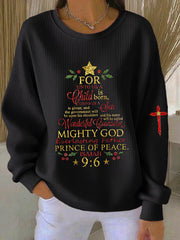 Women's Christian Christmas Faith Cross Print Ribbed Round-Neck Sweatshirt
