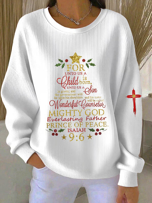 Women's Christian Christmas Faith Cross Print Ribbed Round-Neck Sweatshirt