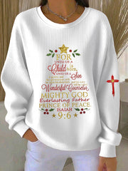 Women's Christian Christmas Faith Cross Print Ribbed Round-Neck Sweatshirt