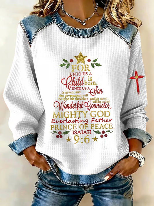 Women's Christian Christmas Faith Cross Print Denim Patchwork Top