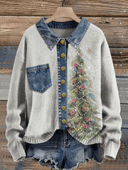 Women's Vintage Christmas Tree Denim Lapel Button Sweater