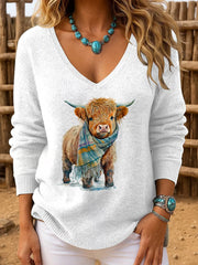 Women's Casual Retro Highland Cow V-Neck Ribbed Top
