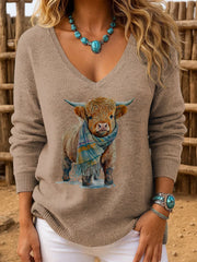 Women's Casual Retro Highland Cow V-Neck Ribbed Top