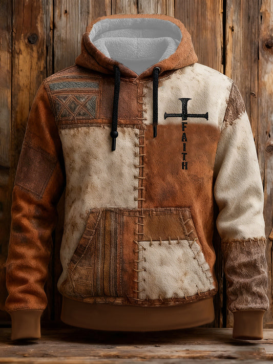 Men's Vintage Faith Cross Oversized Drop-Shoulder Hoodie with Pockets