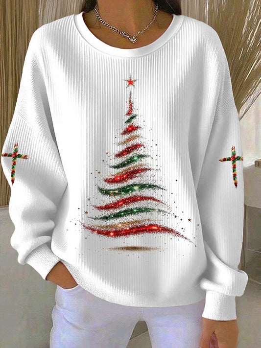 Women's Merry Christmas Christmas Tree Cross Ribbed Round-Neck Sweatshirt