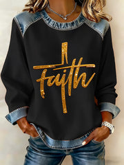 Women's Faith Cross Art  Denim Patchwork Top