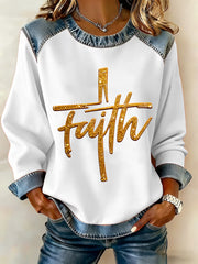Women's Faith Cross Art  Denim Patchwork Top