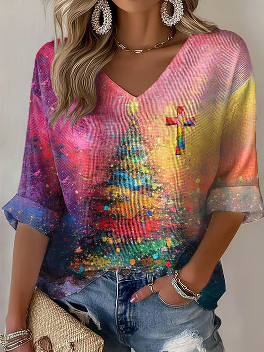 Women's Merry Christmas Christmas Tree Cross Waffle T-shirt