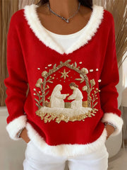 Women's Nativity Printed Fur Collar Top