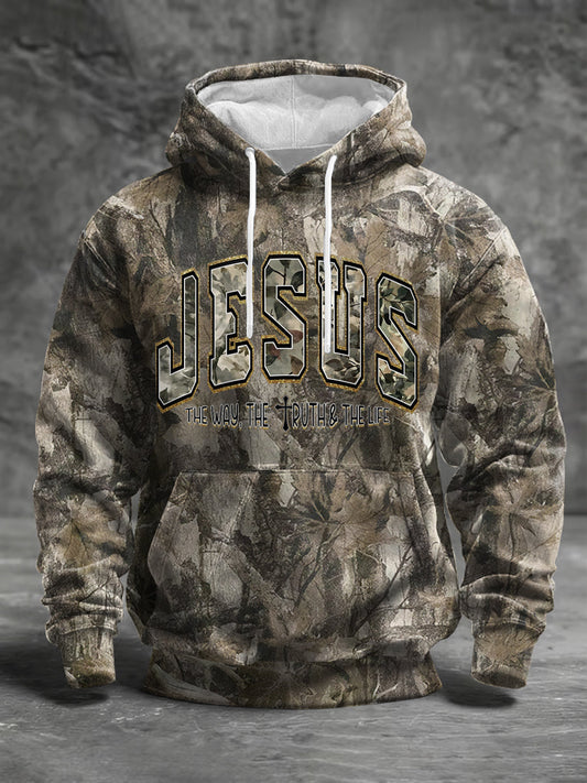 Men's Jesus The Way The Truth The Life Forest Camouflage Print Casual Hoodie