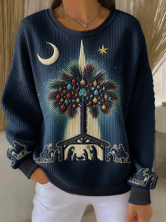 Women's Christian Nativity Scene Greatest Gift of All Ribbed Round-Neck Sweatshirt