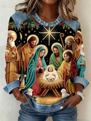 Women's Nativity Of Jesus Christmas Denim Patchwork Top