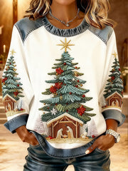 Women's Christian Nativity Scene Greatest Gift of All  Denim Patchwork Top