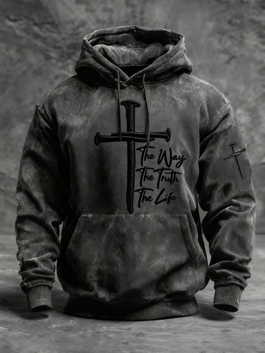 Men's The Way The Truth The Life Faith Cross Printed Hoodie with Pockets