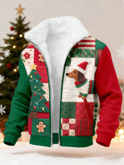 Men's Christmas Dachshund Pattern Patchwork Art Fuzzy Cardigan