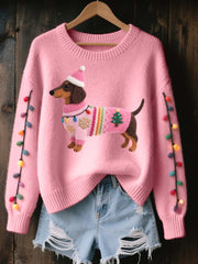 Women's Christmas Dachshund Felt Art Cozy Knit Sweater