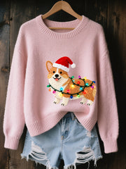 Women's Christmas Corgi Dog Felt Art Cozy Knit Sweater