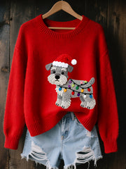 Women's Christmas Schnauzer Dog Felt Art Cozy Knit Sweater