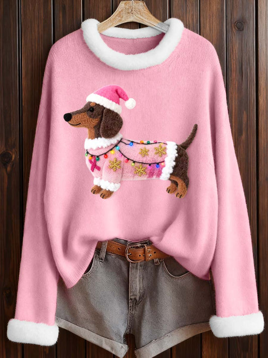 Women's Felt Art Christmas Dachshund Pattern Cozy Top