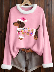 Women's Felt Art Christmas Dachshund Pattern Cozy Top