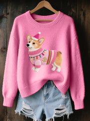 Women's Christmas Corgi Dog Felt Art Cozy Knit Sweater